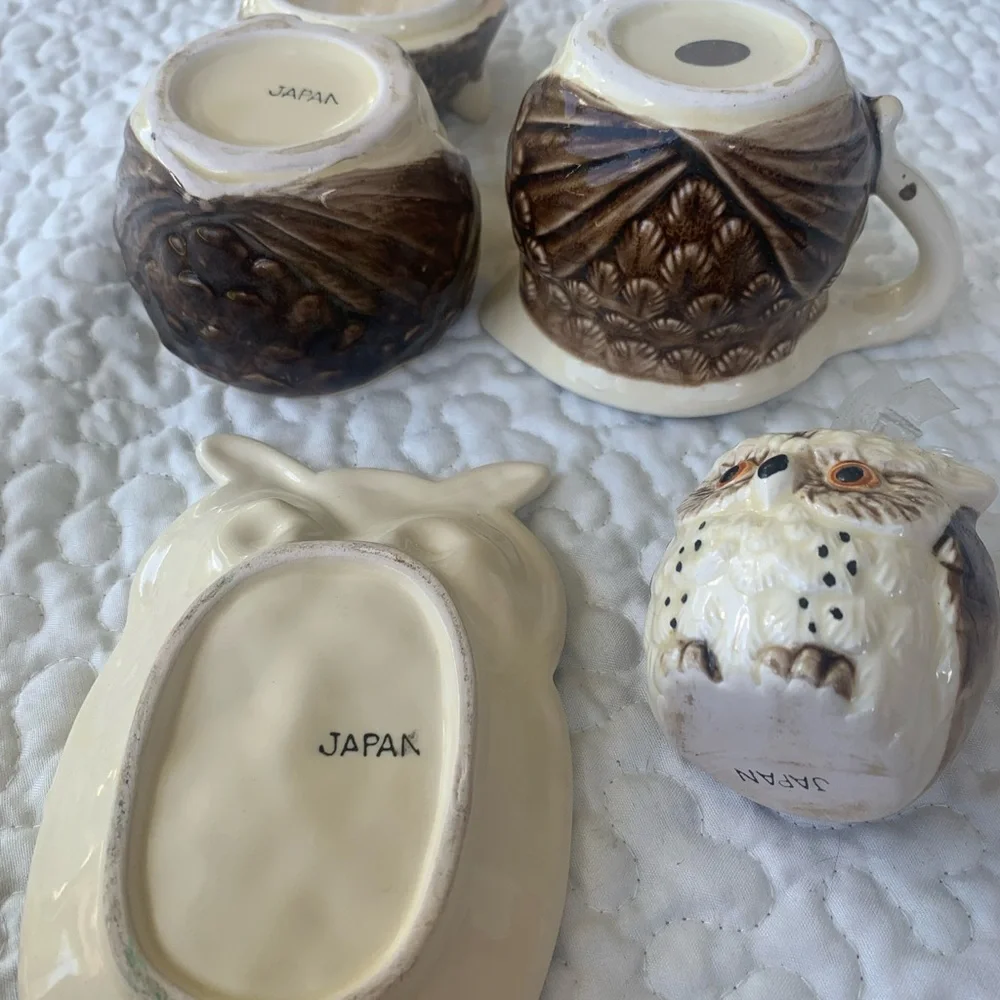 Ceramic Owl Tableware Set spoon, rest, toothpick holder, cream& sugar with lid. - Picture 3 of 10